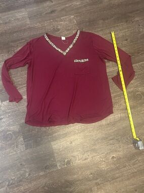 7th Ray Burgundy V-Neck Long Sleeve Top with Sequin Accents